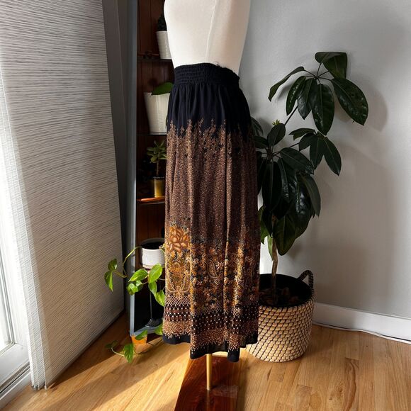 Vintage Carole Little skirt Elastic waist button down black brown midi size 8 - Picture 4 of 6